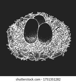 Hand drawn eggs in nest illustration. Vector farm sketch on chalk board. Vintage food illustration