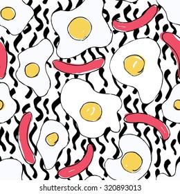 hand drawn eggs and sausages trendy pattern, abstract background