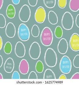 Hand drawn eggs seamless pattern. Happy Easter lettering. Doodle. Colorful. Easter wrapping paper design template.