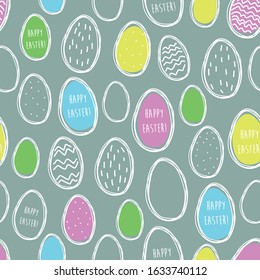 Hand drawn eggs seamless pattern. Happy Easter lettering. Sketch style. Doodle. Colorful. Easter wrapping paper design template.
