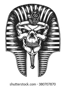 Hand drawn Egyptian pharaoh skull wearing nemes. Vector illustration