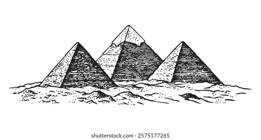 hand drawn egyptian pyramids in desert with black sketch style