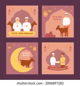 Hand drawn of Eid Al Adha Mubarak theme social media post square size collection vector stock