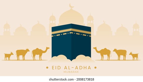 Hand drawn of Eid al adha greeting card and kaaba illustration vector design