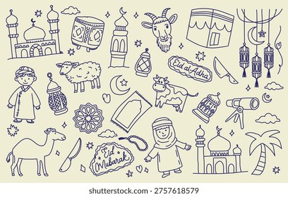 Hand Drawn Eid al Adha and Hajj Doodle Elements with Islamic Symbols