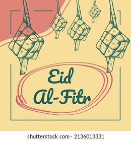 id al fitr dibujado a mano con ilustración de ketupat