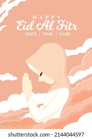 Hand drawn Eid Al Fitr greeting Card with muslim hijab girl forgive hand feeling sorry poster