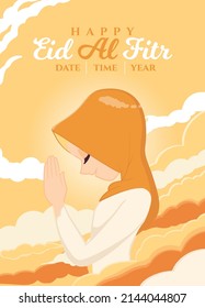 Hand drawn Eid Al Fitr greeting Card with muslim hijab girl forgive hand feeling sorry poster