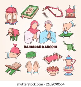 Hand drawn eid al-fitr doodle element illustration set