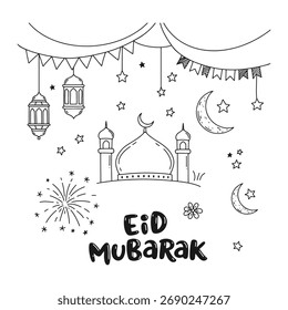 Celebração do eid mubarak desenhada à mão com lua lanterna da mesquita e decorações festivas
