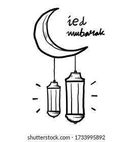 Eid Mubarak saludo a mano con una linterna de luna e islámica. vector de doodle de mano con membrete
