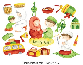 Dibujo a mano Eid Mubarak o Idul Fitri dibujo de clip de doodle en acuarela ilustración vectorial