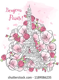 Hand drawn Eiffel Tower with flowers. Vector illustration.