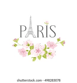 Hand drawn Eiffel tower, frame and pink roses.Paris and flowers