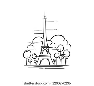 Hand drawn Eiffel Tower. Paris, Line art vector illustration