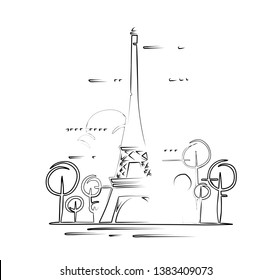 Hand drawn Eiffel Tower. Paris, Line art vector illustration