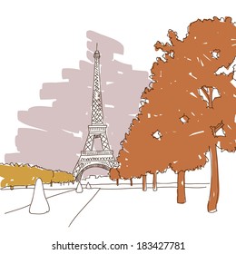 Hand drawn Eiffel Tower. Paris, vector illustration