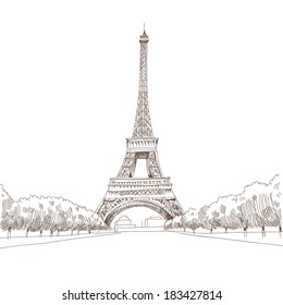 Hand drawn Eiffel Tower. Paris, vector illustration