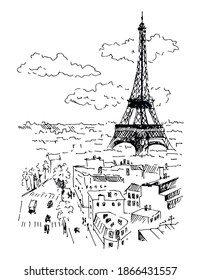 Hand drawn Eiffel tower and streets of Paris, France. Sketch, vector illustration.