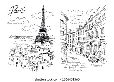 Hand drawn Eiffel tower and streets of Paris, France. Sketch, vector illustration.