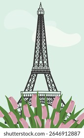 Torre Eiffel desenhada à mão com tulipas no fundo das nuvens. Modelo para cartões, postais, cartazes, panfletos, convites.