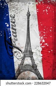 Hand drawn Eiffel Tower. vector illustration.  Eiffel tower and french flag