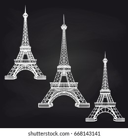 Hand drawn Eiffel towers set on chalkboard background. vector illustration