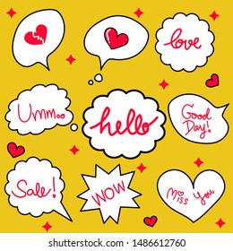 Hand Drawn: Eight Bubble speech (cute cartoon style). Hello, Love, Sale, Umm, Miss You, Heart Shape, Good Day. For your vector design