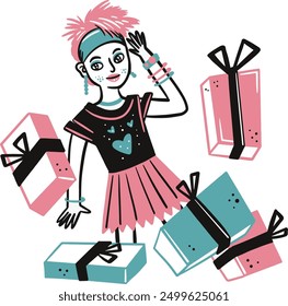 Hand Drawn eighties girl with cute teal and pink gifts