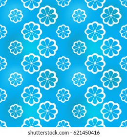 Hand drawn eight-leaf flower in arabic seamless pattern background. Traditional white oriental signs and symbols on soft blue backdrop. Greeting card background for muslim cards, banners.