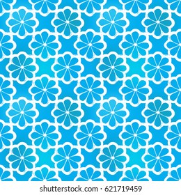 Hand drawn eight-leaf flower in arabic seamless pattern background. Traditional white oriental signs and symbols on soft blue backdrop. Greeting card background for muslim cards, banners.