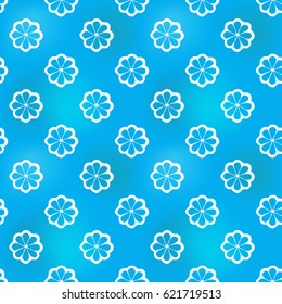 Hand drawn eight-leaf flower in arabic seamless pattern background. Traditional white oriental signs and symbols on soft blue backdrop. Greeting card background for muslim cards, banners.