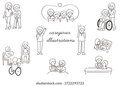 Cuidado de ancianos dibujado a mano y conjunto de ilustración de Asistencia para adultos mayores