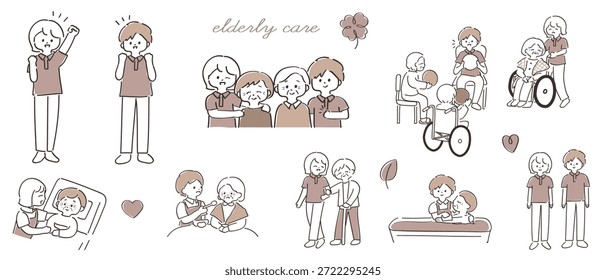 Handgezeichneter Illustrationssatz für ältere Pflegepersonen und Senioren
