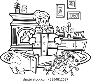 Hand Drawn Elderly with cats and dogs and gift illustration in doodle style isolated on background