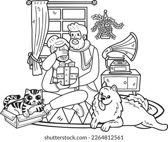 Hand Drawn Elderly with cats and dogs and gift illustration in doodle style isolated on background