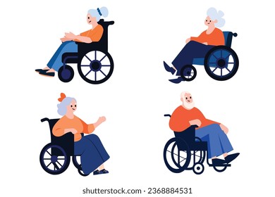 Hand Drawn Elderly character sitting in a wheelchair in flat style isolated on background
