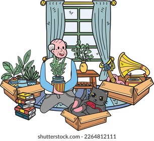 Hand Drawn Elderly Clean the room with the cat illustration in doodle style isolated on background