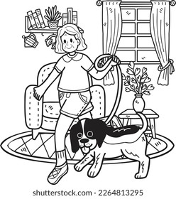 Hand Drawn Elderly with dog leash illustration in doodle style isolated on background