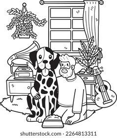 Hand Drawn Elderly feed the dog illustration in doodle style isolated on background