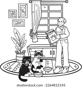 Ancianos de la mano que alimentan la ilustración del gato con el estilo de doodle aislado en el fondo