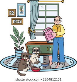 Ancianos de la mano que alimentan la ilustración del gato con el estilo de doodle aislado en el fondo