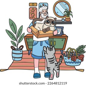 Hand Drawn Elderly holding a cat illustration in doodle style isolated on background