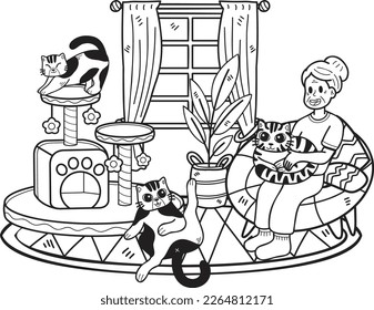 Hand Drawn Elderly holding a cat illustration in doodle style isolated on background