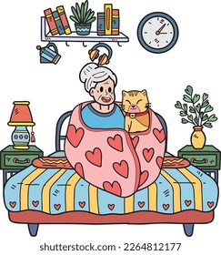 Hand Drawn Elderly holding a cat illustration in doodle style isolated on background