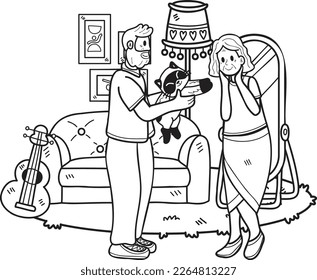 Hand Drawn Elderly holding a cat illustration in doodle style isolated on background