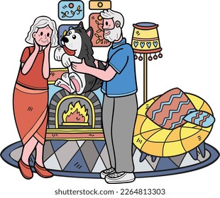 Hand Drawn Elderly holding a dog illustration in doodle style isolated on background