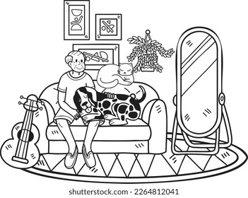 Hand Drawn Elderly hugging dogs and cats illustration in doodle style isolated on background