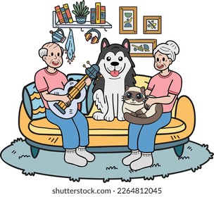 Hand Drawn Elderly hugging dogs and cats illustration in doodle style isolated on background