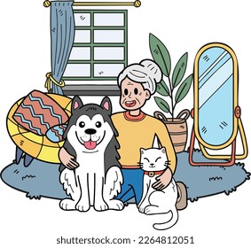 Hand Drawn Elderly hugging dogs and cats illustration in doodle style isolated on background